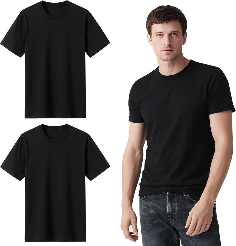 ORJ 2 Pack Black t Shirts Crew Neck Short Sleeve Men's Undershirt Plain Polyester tee Bulk Stretch Soft Tees - Image 1